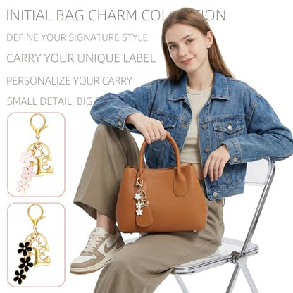 Floral Series Initial Bag Charm, Cute Flower & Bubble Letter Purse Charms, Keychain Accessories Gift for Women - color: White Flower, style: E