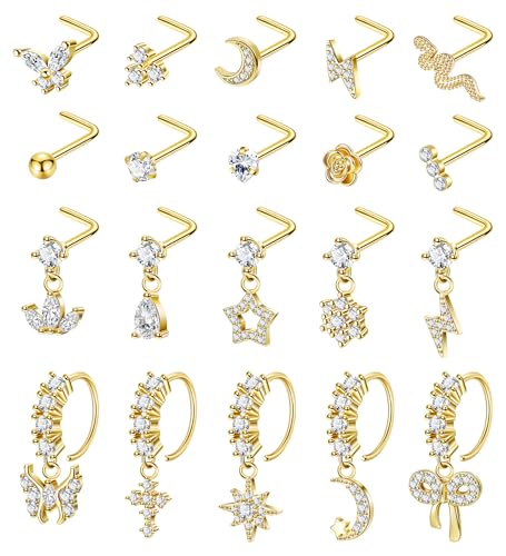 REVOLIA 20PCS 20G Dangle Nose Rings for Women Surgical Steel Dangling Nose Rings L Shaped Nose Studs Hoops CZ Flower Butterfly Heart Nose Piercing Jewelry - color: Gold