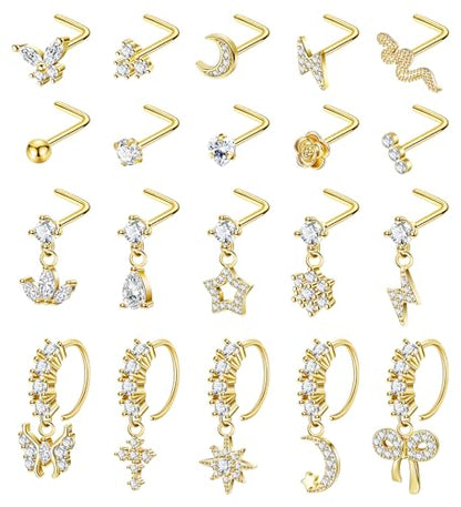 REVOLIA 20PCS 20G Dangle Nose Rings for Women Surgical Steel Dangling Nose Rings L Shaped Nose Studs Hoops CZ Flower Butterfly Heart Nose Piercing Jewelry - color: Gold