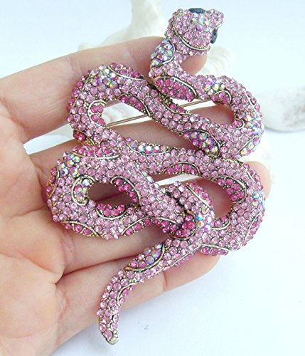 Classic 3.94" Unique Animal Snake Brooch Pin Pendant Austrian Crystal BZ5847 - color: Gold-Tone Pink