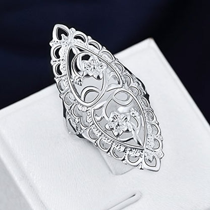 Rings for Women Summer Boho Rings Filigree Flower Ring Chunky Gold Ring Full Finger Rings Wide Band Womens Rings for Cocktail Party Birthday Gifts Statement Rings for Women - color: Silver