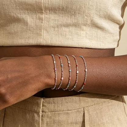 6 PCS Enamel Beaded Chains Bracelet Stainless Steel Link Bracelets | 6.7"+1.18", With Extender Chain, Fashion Jewelry Set, Gift For Women, Colorful, No Fade - color: Mixcolor Silver