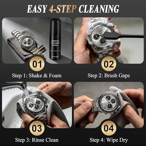 Watch Cleaning Kit Safe on all Metals & Crystals Watch Cleaner Foam 60ML, Watch & Jewelry Cleaning Cloth, Watch Cleaning Brush