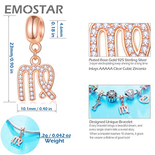 EMOSTAR Zodiac Sign Charms fits European Charm Bracelet – Rose Gold 925 Sterling Silver Necklace Pendant, 12 Horoscope Constellation Dangle CZ Birthstone Beads, Gifts for Women/Men/Birthday - color: Virgo (8.23 – 9.22)