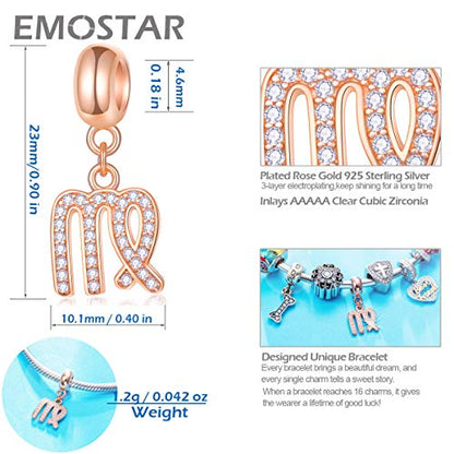 EMOSTAR Zodiac Sign Charms fits European Charm Bracelet – Rose Gold 925 Sterling Silver Necklace Pendant, 12 Horoscope Constellation Dangle CZ Birthstone Beads, Gifts for Women/Men/Birthday - color: Virgo (8.23 – 9.22)