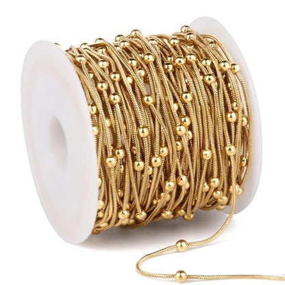 33FT 1mm Gold Snake Chain Roll Gold Satellite Chain Bulk for Jewelry Making | 18K Gold Plated Stainless Steel Beaded Round Snake Chain Spool for DIY Craft Necklace - color: Big Beads Gold Satellite Snake Chains