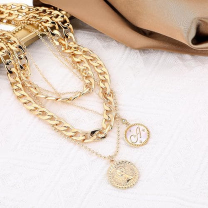 MJartoria Layered Necklaces for Women Trendy Retro Mother of Pearl Coin Letter Pendant Necklace Dainty Chunky Chain Choker Necklaces for Jewelry Birthday Gifts - style: A.