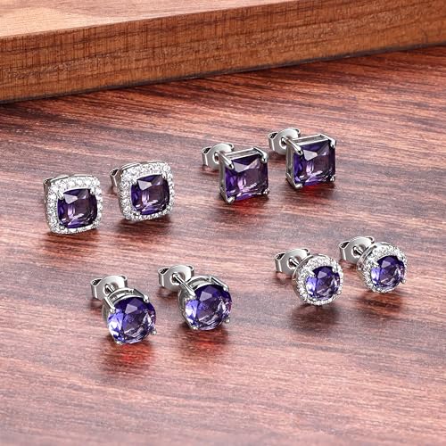 MILACOLATO S925 Sterling Silver Stud Earrings for Women Men Hypoallergenic 18K Gold Plated Cubic Zirconia Earrings Studs Brilliant Simulated Diamond Halo Earring for Sensitive Ears - style: 18K White Gold Plated - Purple CZ