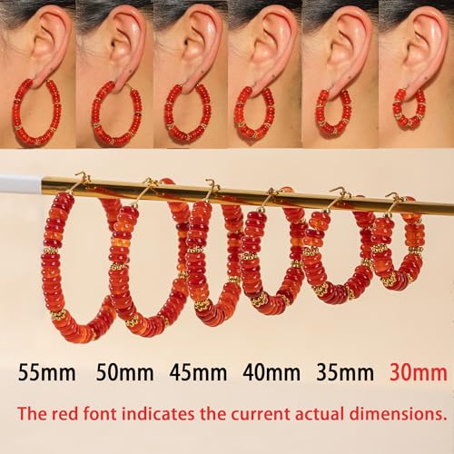 Wellike Beaded Hoop Earrings for Women Natural Stone Pink Gold Huggie Earrings Hypoallergenic Dainty Waterproof Trendy Jewelry - color: Red, size: 30mm