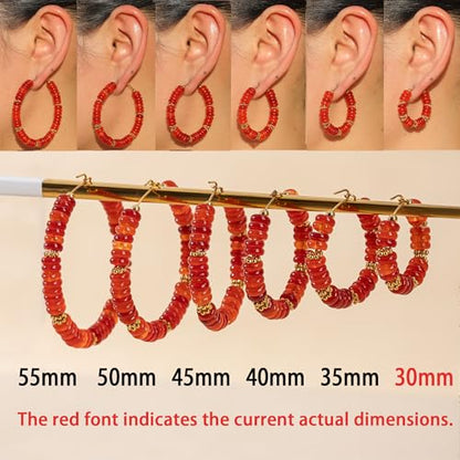 Wellike Beaded Hoop Earrings for Women Natural Stone Pink Gold Huggie Earrings Hypoallergenic Dainty Waterproof Trendy Jewelry - color: Red, size: 30mm