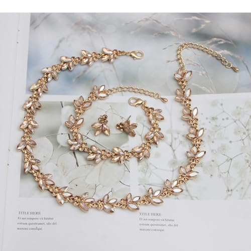 Bridal Wedding Crystal Leaf Choker Necklace Dangle Earring Bracelet Brides Bridesmaid Jewelry Set for Women - color: Champagne-Gold Plated