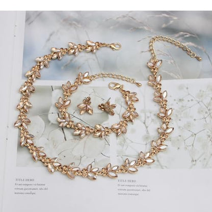 Bridal Wedding Crystal Leaf Choker Necklace Dangle Earring Bracelet Brides Bridesmaid Jewelry Set for Women - color: Champagne-Gold Plated
