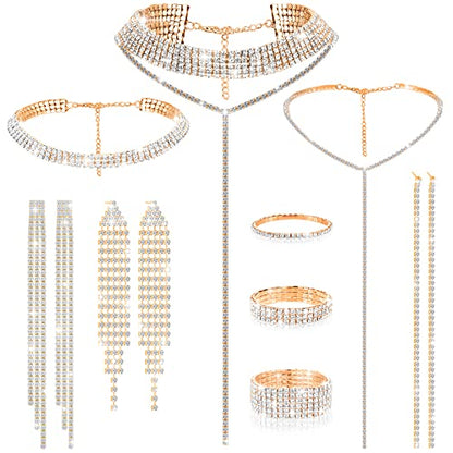 Hicarer 9 Pcs Rhinestone Jewelry Set for Women Rhinestone Necklace Bracelet Bangle Earring for Bride Wedding Party Accessory - color: Gold