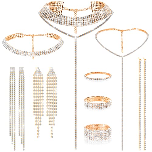Hicarer 9 Pcs Rhinestone Jewelry Set for Women Rhinestone Necklace Bracelet Bangle Earring for Bride Wedding Party Accessory - color: Gold