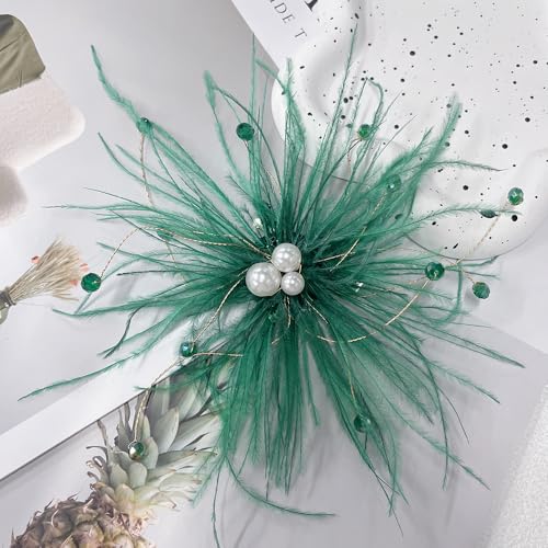 Elegant Feather Flower Pearl Cz Large Brooch Pin for Women Men Rhinestone Crystal Floral Lapel Pins Wedding Party Banquet Dress Suit Clothes Accessories Fashion Jewelry 180mm - color: Green