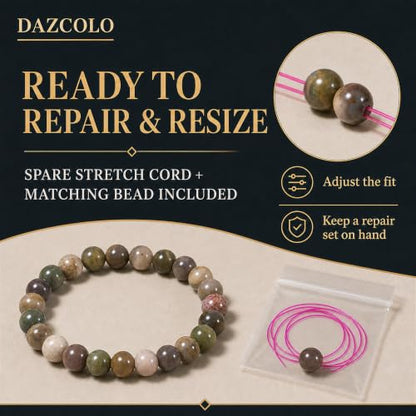8mm Natural Crystal Stretch Bracelet | Handmade Round Stone Bead Bracelet, Runs Large, Meditation Yoga Gift for Women & Men - color: Indian Agate