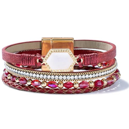 FANCY SHINY Crystal Beaded Leather Wrap Bracelet Stackable Boho Jewelry for Women Resin Stone Bangle Cuff with Magnetic Clasp - color: Burgundy
