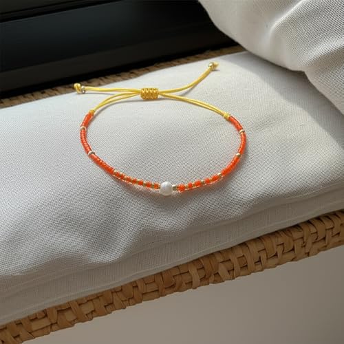 Boho Colorful Glass Gold Plated Seed Beaded Bracelets or Women, Handmade Romantic Freshwater Pearl Adjustable String Braided Rope Jewelry, Summer Beach Daily Party Friendship Gift - color: Orange