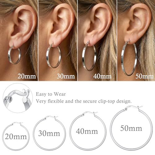 RoseJeopal 925 Sterling Silver Flat Hoop Earrings for Women 20/30/40/50MM | 14K White Gold Plated, Hypoallergenic, Lightweight, Flat Hoop, Jewelry Gift - color: Silver-50MM