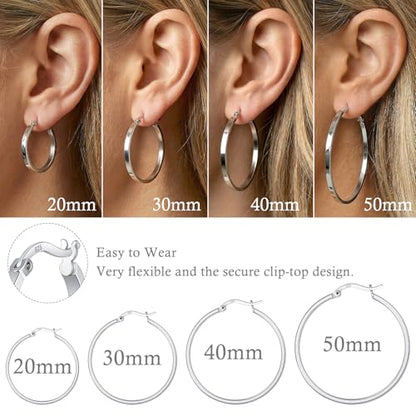 RoseJeopal 925 Sterling Silver Flat Hoop Earrings for Women 20/30/40/50MM | 14K White Gold Plated, Hypoallergenic, Lightweight, Flat Hoop, Jewelry Gift - color: Silver-50MM