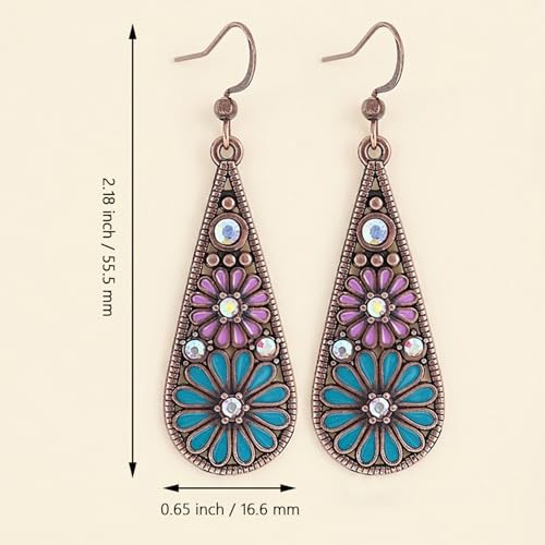 Bohemian Crystal Teardrop Dangle Earrings, Copper, Tribal Geometric Design, Handmade National Style for Women - color: Blue