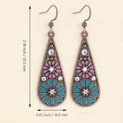 Bohemian Crystal Teardrop Dangle Earrings, Copper, Tribal Geometric Design, Handmade National Style for Women - color: Blue