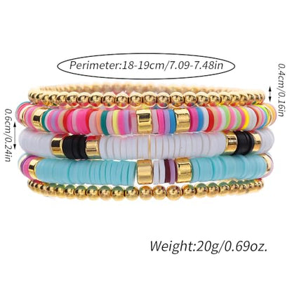 Friendship Bracelets for Women - Heishi Surfer Colorful Smile Evil Eye Clay Beaded Stretch Bracelets Elastic Layering - Stackable Boho Disc Y2K Aesthetic Summer Jewelry Set. - color: D-Clay 5pc - Colorful