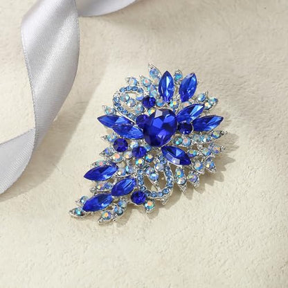 EVER FAITH Women's Austrian Crystal Wedding Flower Leaf Bouquet Brooch - color: Royal Blue Silver-Plated-Base