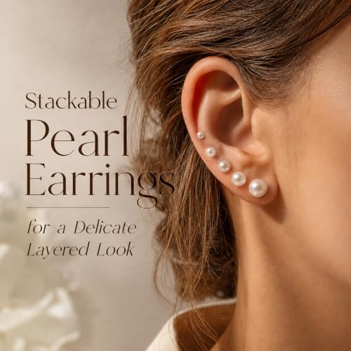 D.Bella Pearl Necklace Stud Earrings Set for Women Dainty Round Imitation Pearl Choker Necklace for Wedding -5Pairs Hypoallergenic Earrings Delicate Jewelry - color: A-Silver