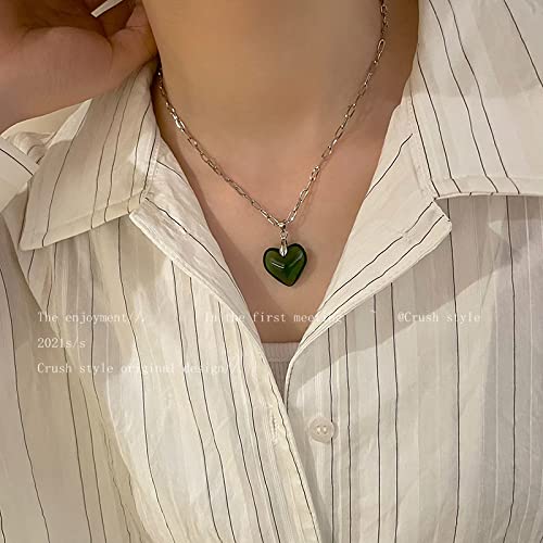 Yocoyee Dainty Colorful Glass Heart Shape Pendant Necklace Stainless Steel Link Rope Chian Love Heart Charms Pendant Necklace Y2K Trendy Jewelry Accessories for Women Jewelry - color: Green