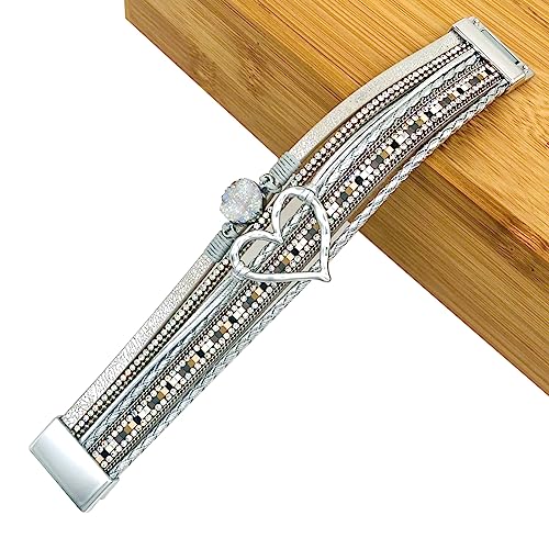 Womens Love Heart Leather Wrap Bracelet Multi-layer Stacked Bangle | Magnetic Clasp Soft PU Leather Resin Stone Rhinestone Boho Style Birthday Valentine Christmas Bohemian Jewelry Gift - color: Silver