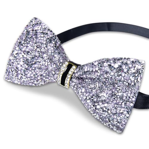 DiBanGu Mens Rhinestone Bow Tie with Ring and Lapel Pin Set | Adjustable Strap,Pre-tied Style,3PCS,Sequin Diamond Bowties，Solid/Mix Color,Shiny Accessory,for Party Prom Banquet Wedding - color: Light Purple
