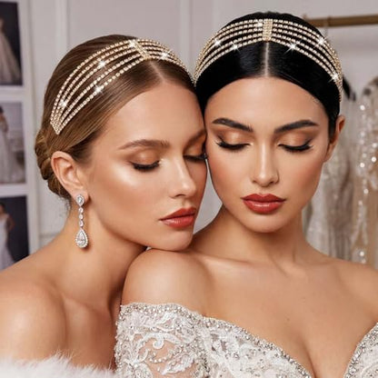 BARTOSI Rhinestone Head Chain Gold Bridal Headpiece Accessories for Women | Forehead Wedding Headband Elastic Crystal Hair Band Sparkly Prom Hair Jewelry - color: B-Gold