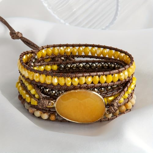 Women Wrap Bracelet Boho Natural Jasper Crystal Stone Beads Strand Bracelets - color: Style 19-Yellow