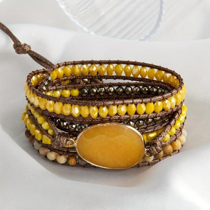 Women Wrap Bracelet Boho Natural Jasper Crystal Stone Beads Strand Bracelets - color: Style 19-Yellow