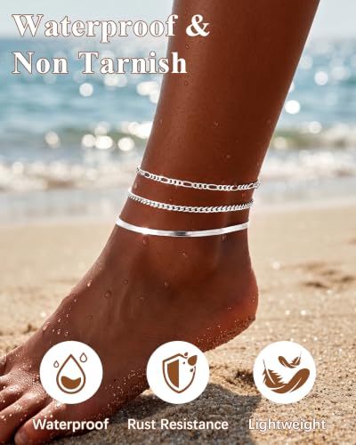 Waterproof Ankle Bracelets for Women,14k Gold Plated Hypoallergenic Layered Stackable herringbone Cuban Link Chain,Adjustable Beach Anklets Bracelets for Women Gift 3pc Sets - color: Silver