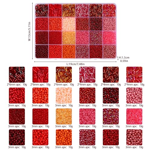 LAIDANLA 7500pcs Mix Red Glass Seed Beads Kit for Jewelry Making with 3mm Tiny Bead and 4mm/6mm Bugle Tube Bead 24 Colors Waist Embroidery Beads for Bracelets Necklaces DIY Craft Beading Kit - color: Red