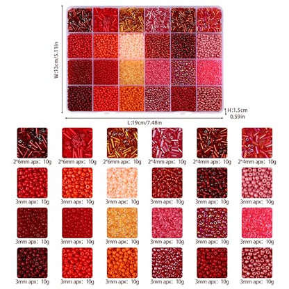 LAIDANLA 7500pcs Mix Red Glass Seed Beads Kit for Jewelry Making with 3mm Tiny Bead and 4mm/6mm Bugle Tube Bead 24 Colors Waist Embroidery Beads for Bracelets Necklaces DIY Craft Beading Kit - color: Red