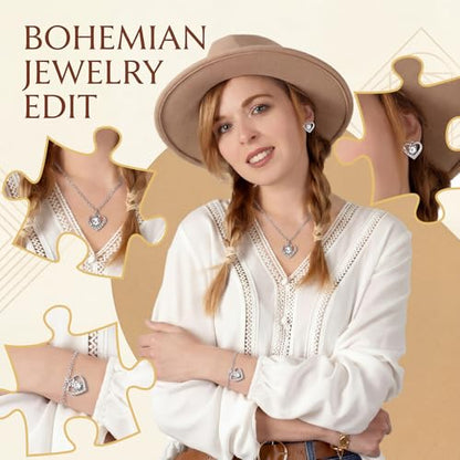 3 Pcs Heart Bow Snow Jewelry Set | Heart Necklace with Bracelet Earring, Snow Jewelry Set for Women, Bow Charms Toggle Gifts - color: Silver, style: Heart Diamond