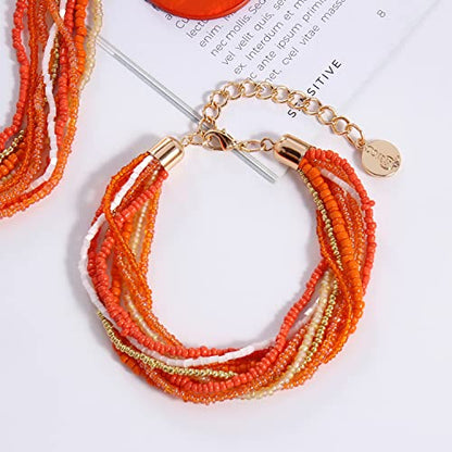 Coiris Multi Strand Statement Colorful Beaded Necklace with Big Circle Shell Pendant for Women - color: ST0012-Orange