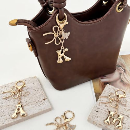 Gold Bubble Heart, Cherry, Bow & More Designs Letter Initial Keychain Bag Charms – Cute Purse Charms for Handbags - color: Bow & Butterfly, style: K