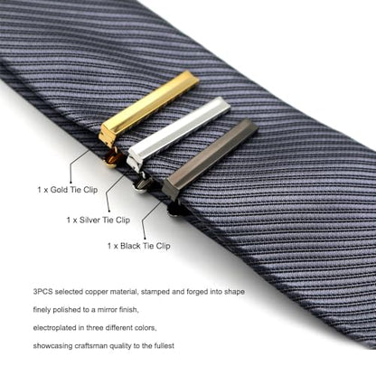 Simple skinny Tie Clip Length 1.5/2 inch 3 Pack Tie Bar Set Gold Silver Black Suitable for dating business wedding and daily life tie matching