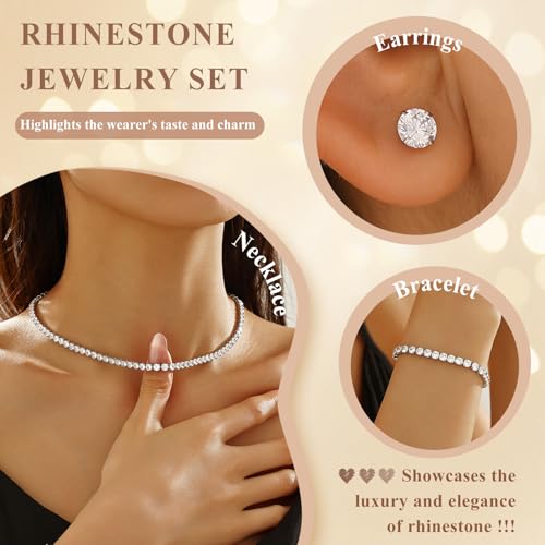 Tennis Jewelry Set for Women 4mm Cubic Zirconia Necklace Bracelet Earring 3Pcs Set Silver Tone Hypoallergenic Iced Out CZ Bridal Accessories Dainty Wedding Party Anniversary Birthday Gift for Her - color: silver 16 inches