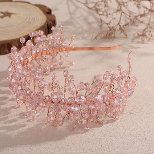Denifery Large Crystal Headband for Wedding Bridal Hair Band Headpiece for Party Prom Hair Accessories (pink) - color: pink