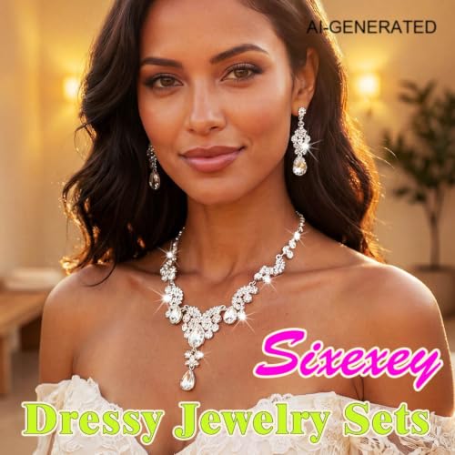 Sixexey Rhinestone Jewelry Set Crystal Necklace and Earrings Wedding Prom Jewelry Accessories for Women - color: Silver