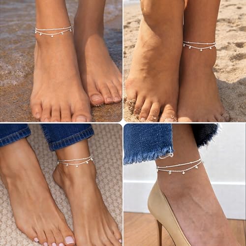 Gold/Sterling Silver Anklet Bracelets for Women Waterproof, Non Tarnish 925 Sterling Sliver Plated Heart Evileye Butterfly Charm, Dainty Summer Beach Anklets for Women, Beach Vacation Bikini Outfits for Her Mom - style: CZ-Silver