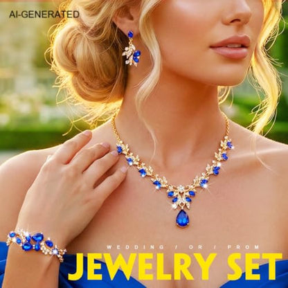 Sixexey Bridal Wedding Jewelry Set Crystal Neck Jewelry Rhinestone Wedding Prom Jewelry Accessories for Women - color: Blue Crystal