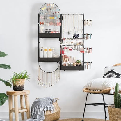 Keebofly Wall Mount Hanging Jewelry Organizer - Large Display Holder for Earrings, Rings, Necklaces, Bracelets, Watches and Perfume - Black - color: Black