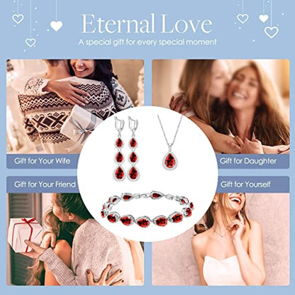 LMXXVJ Necklace Long Earrings Bracelet Set, White Gold Plated Created Blue Sapphire Jewelry Set Wedding Party Gift Jewelry for Women Bridal Bridesmaid - color: Garnet Red
