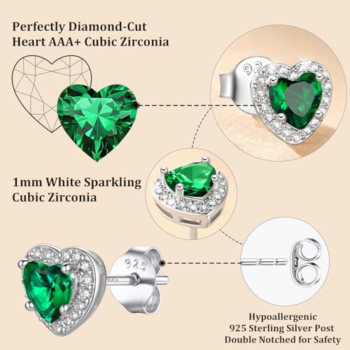Bestyle 8mm Small Birthstone Earrings for Women with Hypoallergenic Sterling Silver Post,Sparkle Heart/Round Womens Studs Earrings, Great Birthday/Christmas/Anniversary Jewelry for Wife Mother - color: 05. May Emerald-Heart